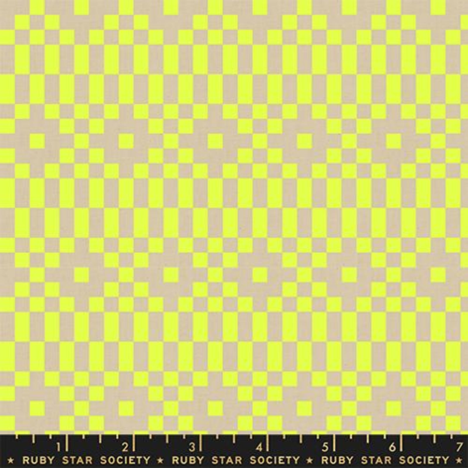 Checkered pattern with green and beige squares on a fabric swatch, featuring Ruby Star Society label.