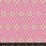 Checkered pattern with pink and beige squares on a fabric swatch.