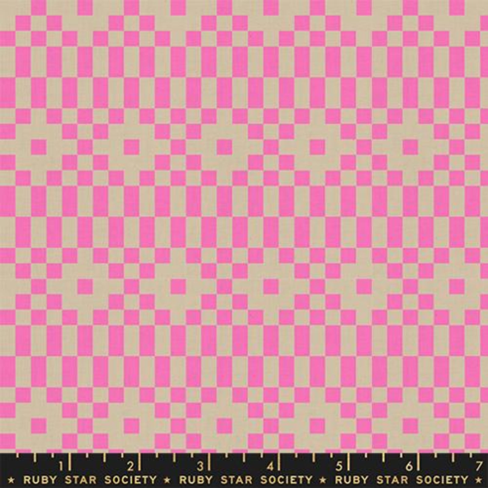 Checkered pattern with pink and beige squares on a fabric swatch.