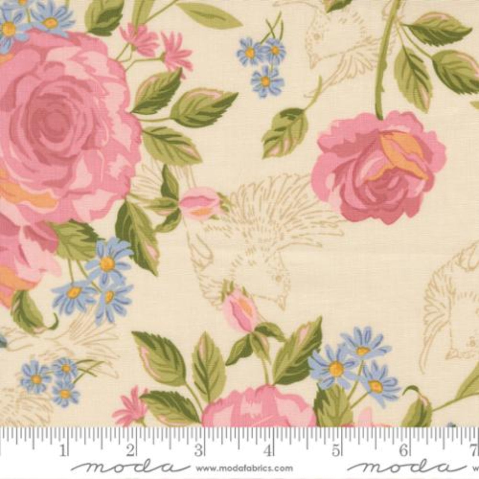 Floral fabric pattern with pink roses and blue flowers on a beige background, featuring a Moda label.