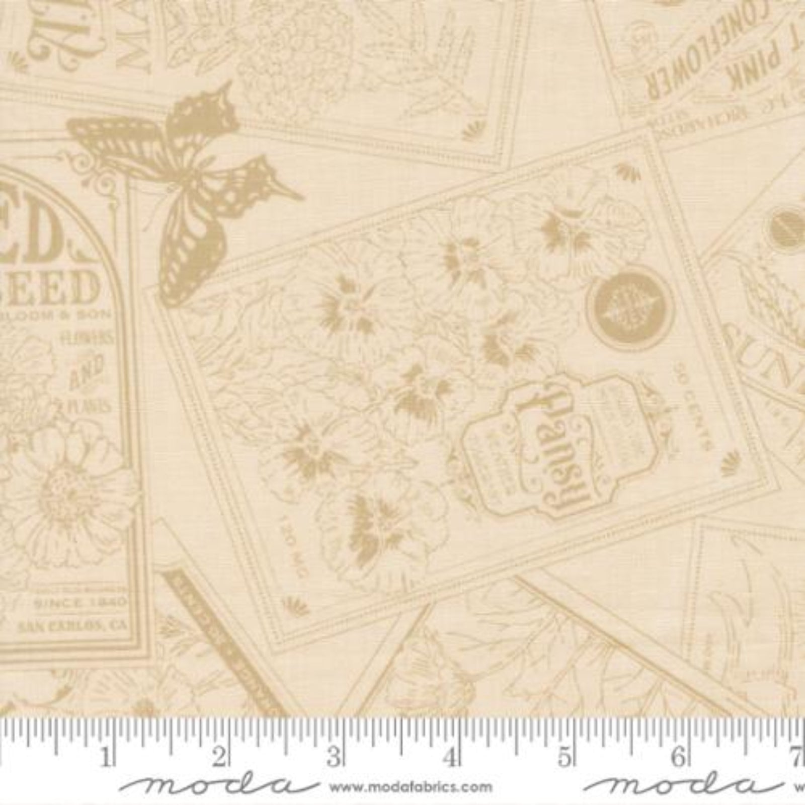 Beige fabric with vintage-style print and Moda label