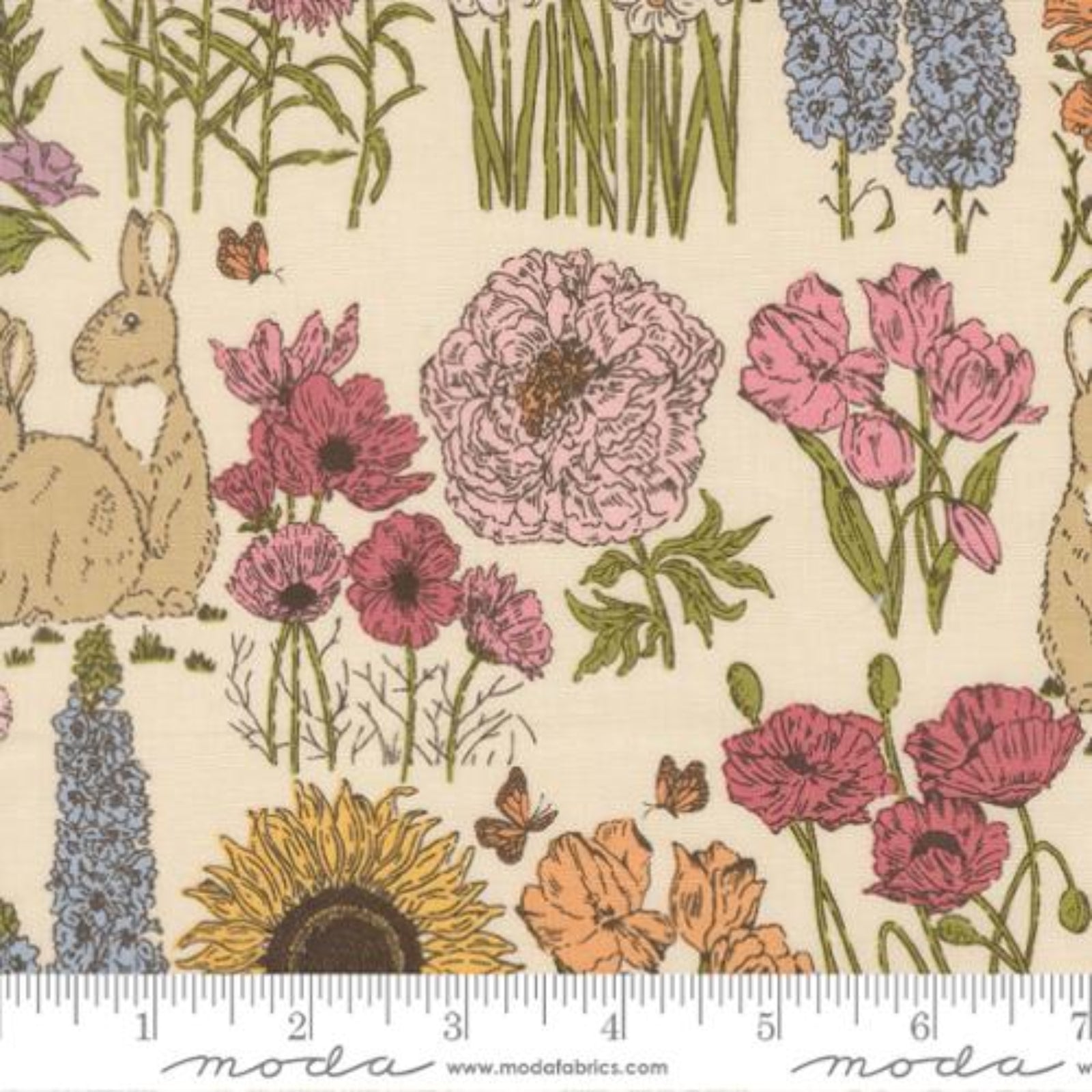 Fabric pattern with flowers, rabbits, and butterflies on a beige background with Moda label.