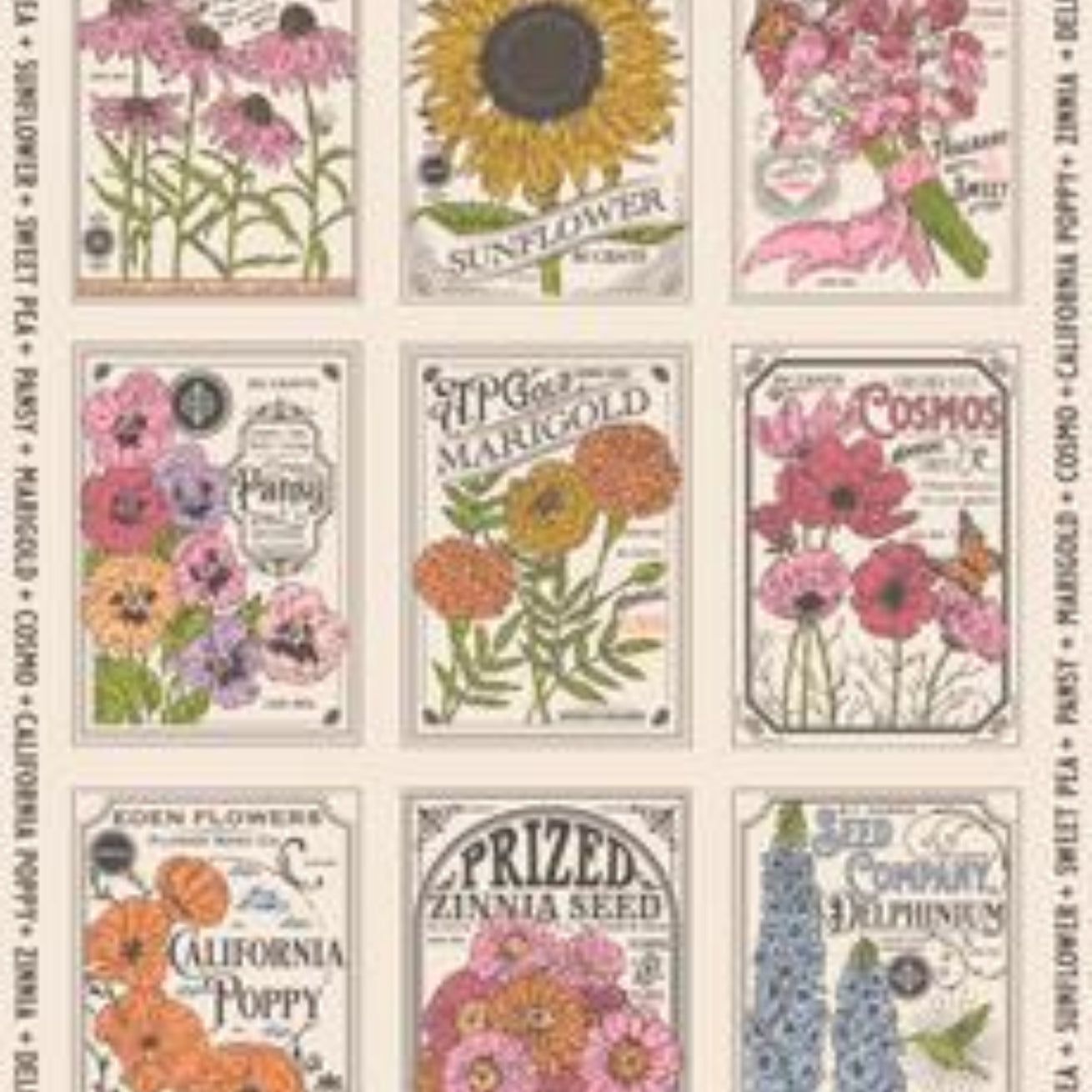 Collection of vintage-style seed packet designs with floral illustrations and text.