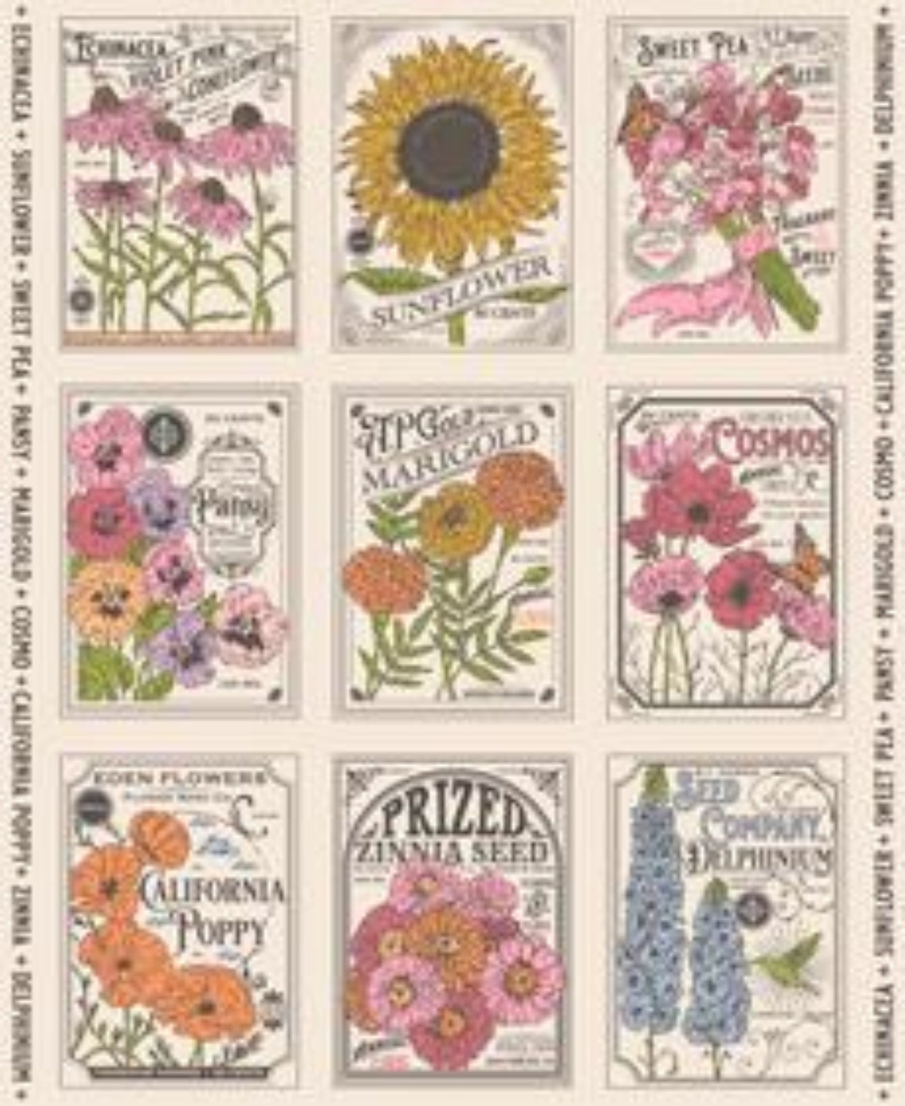 Collection of vintage-style seed packet designs with floral illustrations and text.