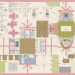 Colorful architectural floor plan with various rooms and labels on a pink border