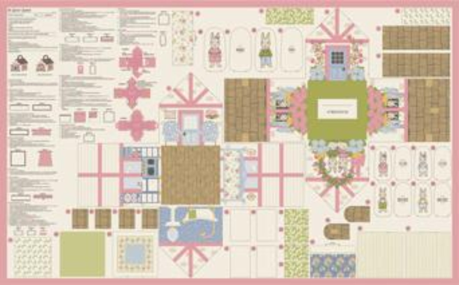 Colorful architectural floor plan with various rooms and labels on a pink border