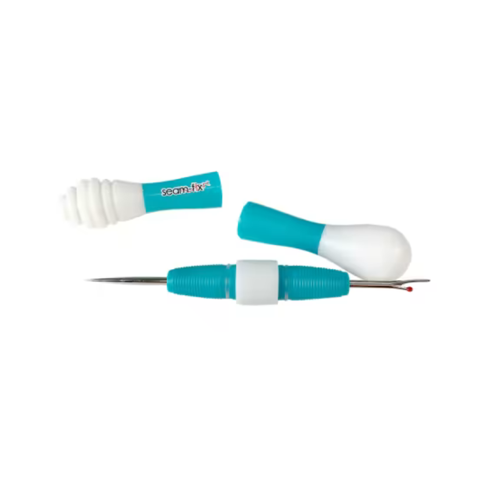 A pair of sewing and embroidery tools with ergonomic handles in turquoise blue and white, shown on a plain white background. One tool is positioned horizontally with a metal needle visible, and the other is shown from a side angle.