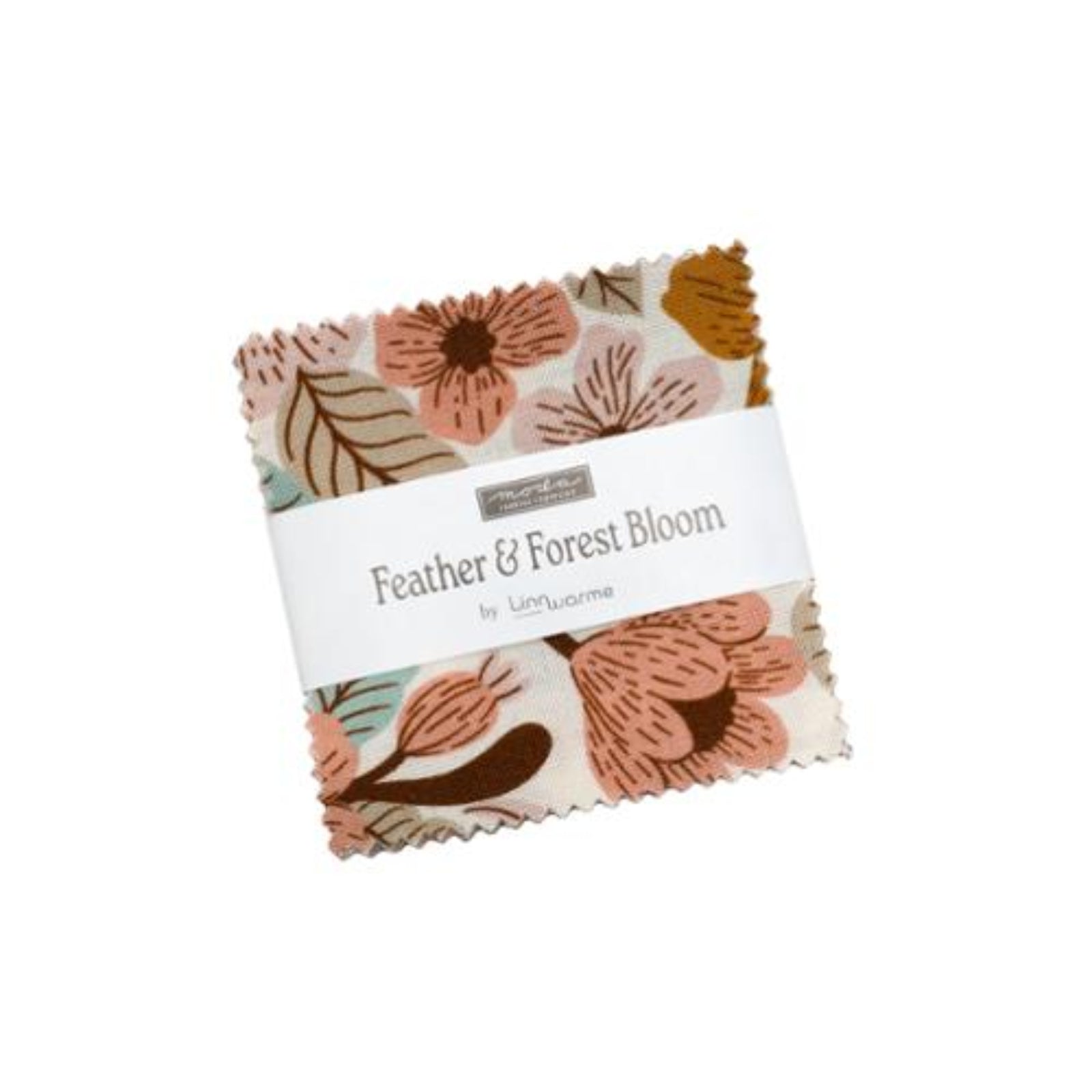 Pack of fabric squares with floral pattern and 'Feather & Forest Bloom' label on a white background