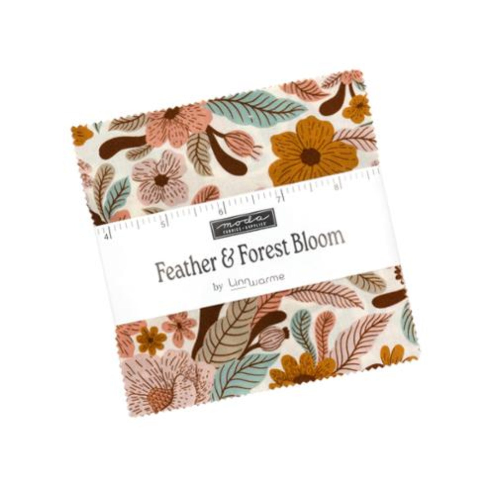 Fabric bundle with floral and leaf pattern labeled 'Feather & Forest Bloom' on a white background
