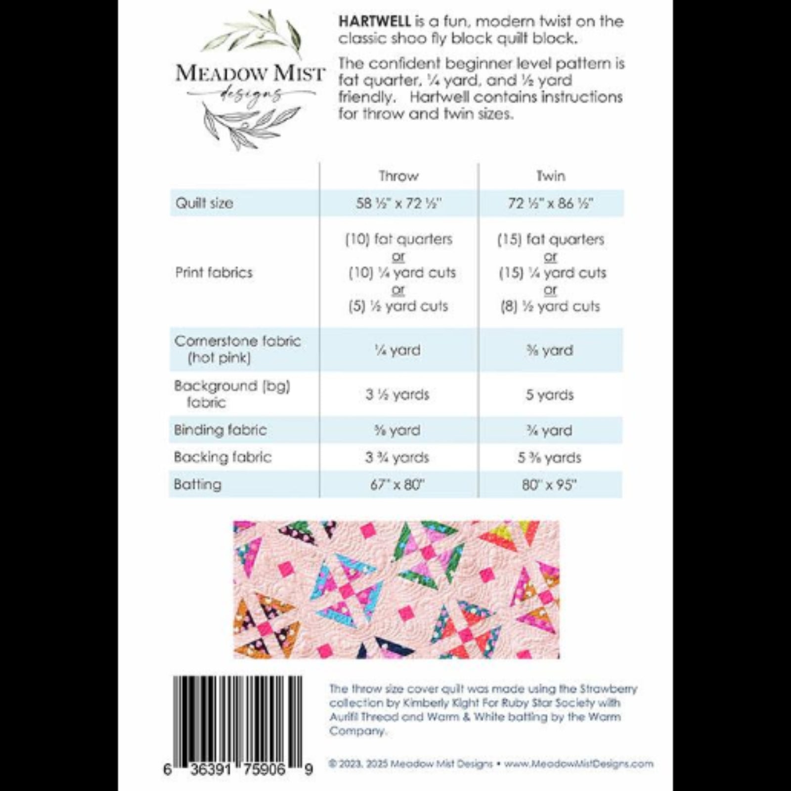Quilt pattern information sheet for Hartwell by Meadow Mist Designs with fabric requirements and quilt size details.