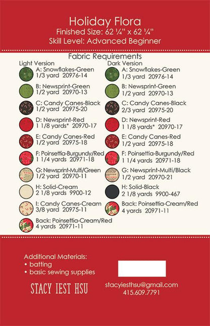 Fabric requirements chart for a sewing project on a red background