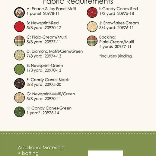 Fabric requirements chart for a sewing project with fabric colors and yardages on a green background.