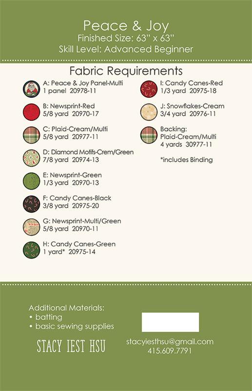 Fabric requirements chart for a sewing project with fabric colors and yardages on a green background.