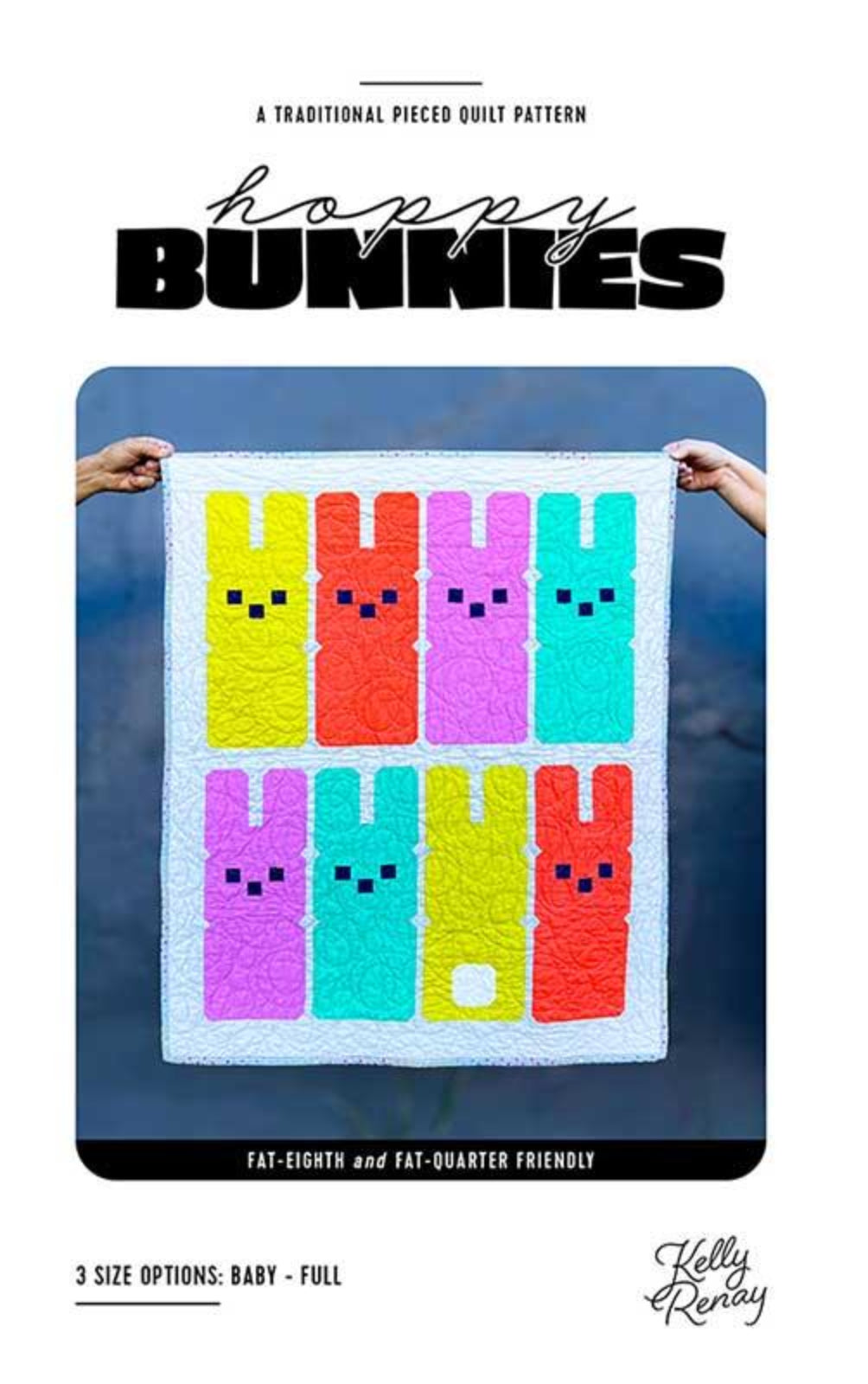 Happy Bunnies quilt pattern with colorful bunnies on a blue background