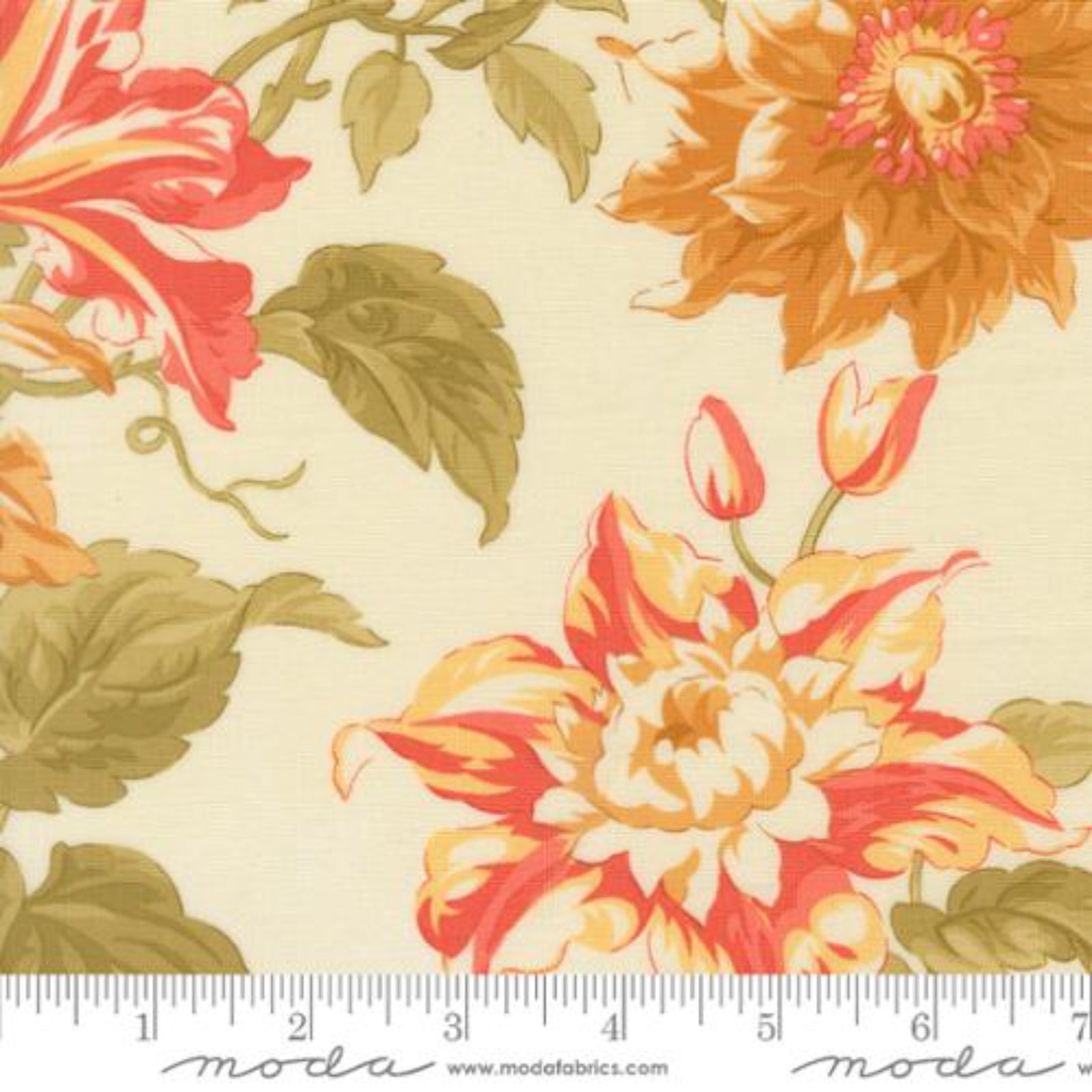 A close-up of a floral fabric print with large orange, red, and cream flowers and olive green leaves on a warm beige background, with a ruler along the bottom edge showing measurements and Modra branding.