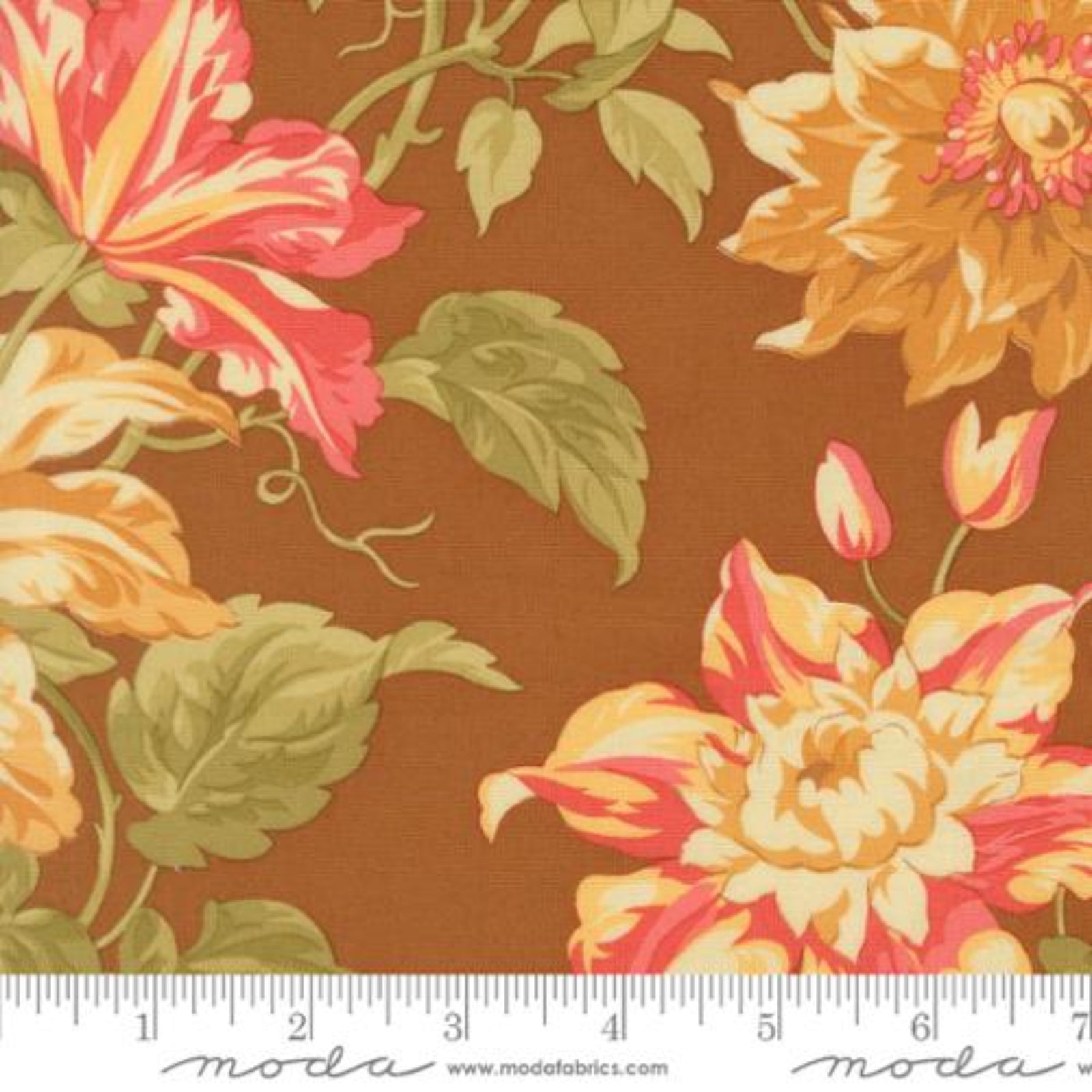 Floral fabric pattern with a ruler for scale on a brown background
