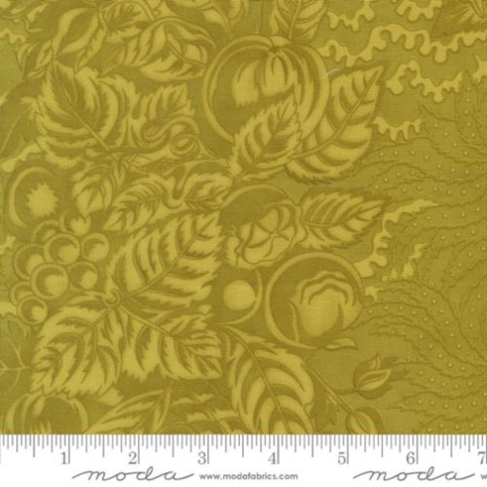 Fabric with a green leaf pattern and Moda label at the bottom.