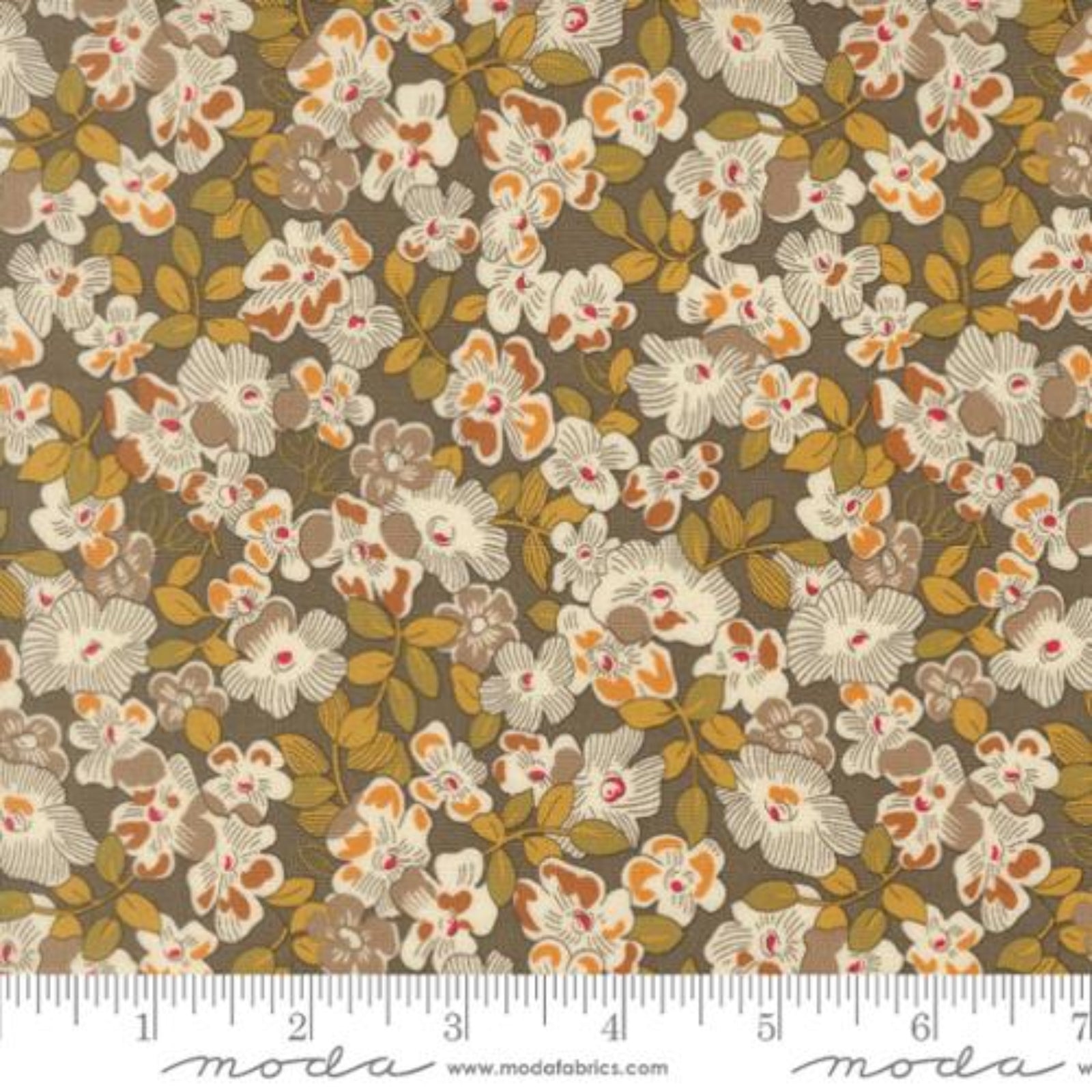 Floral fabric pattern with a ruler at the bottom for scale, featuring Moda brand.