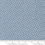 A close-up of a fabric pattern showing a light blue background with a repeating small white floral or leaf-like motif, with a ruler along the bottom edge for scale. The word 'moda' and 'www.
