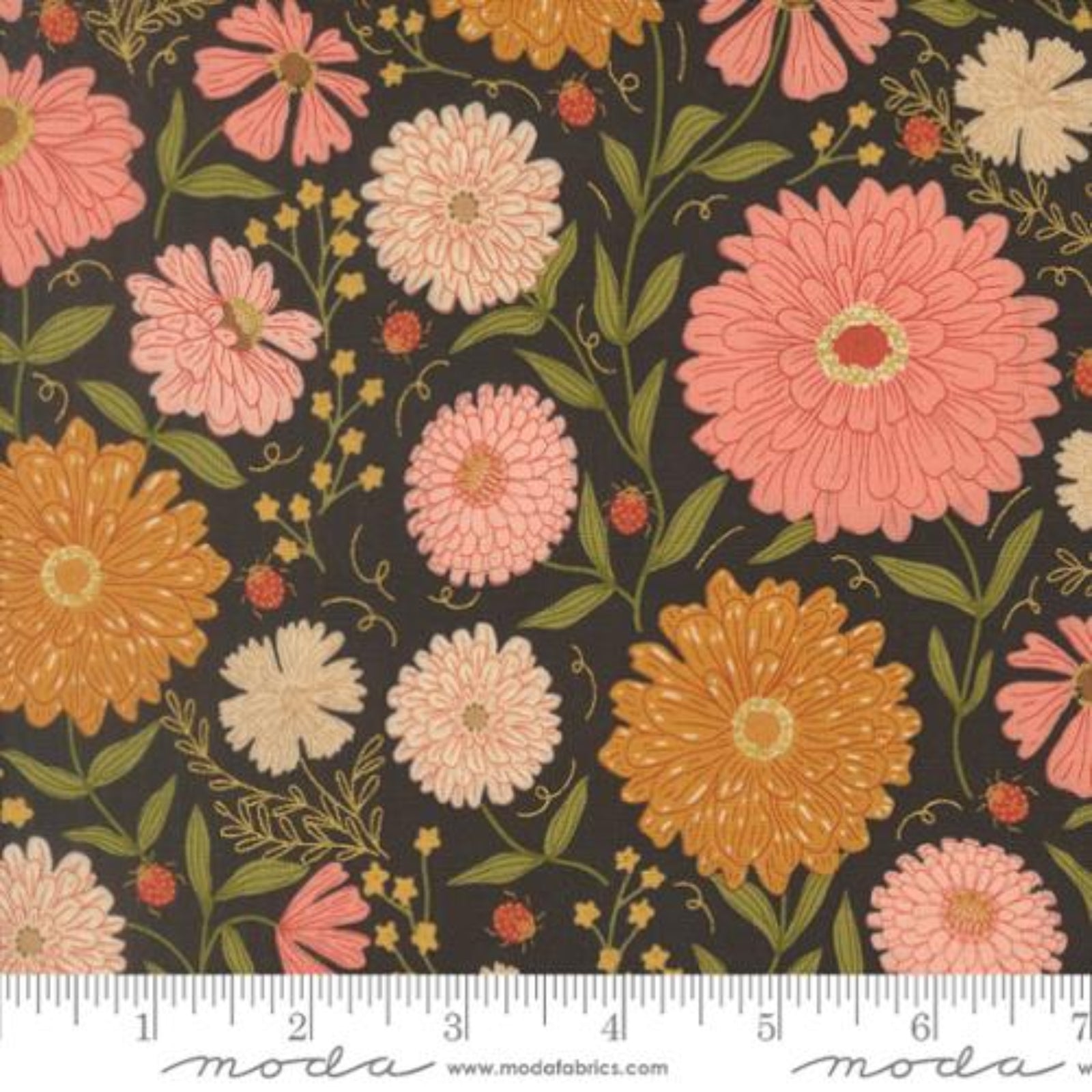 Floral pattern with pink, orange, and beige flowers on a dark background, featuring Moda label.