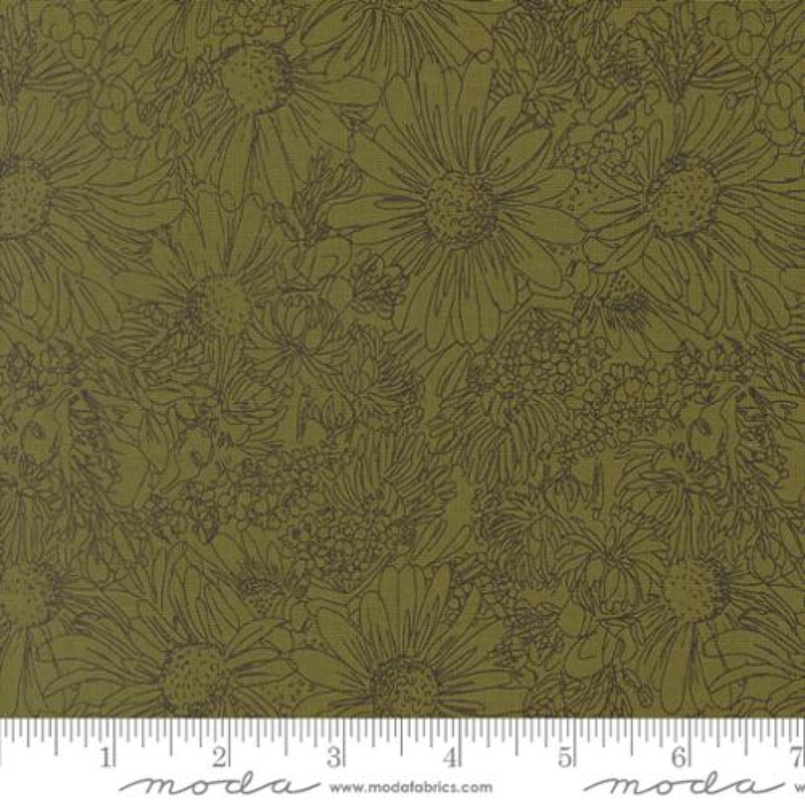 Floral patterned fabric with a ruler at the bottom for scale, featuring the brand 'Moda'.