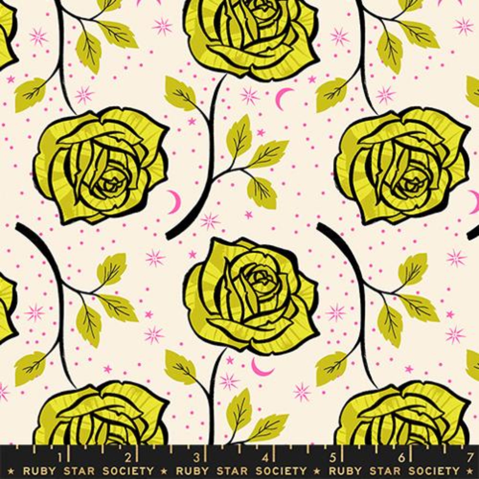 Pattern of yellow roses on a beige background with polka dots, featuring Ruby Star Society branding.