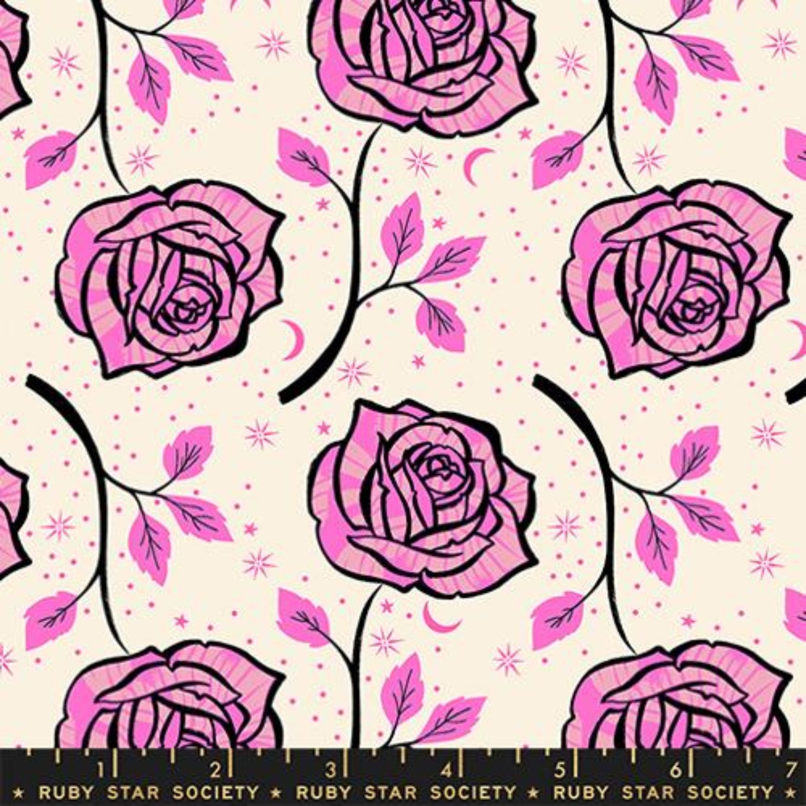 Pattern of pink roses on a beige background with a ruler at the bottom.