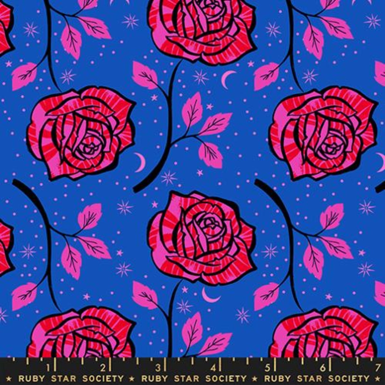 Pattern of pink roses on a blue background with a ruler at the bottom.
