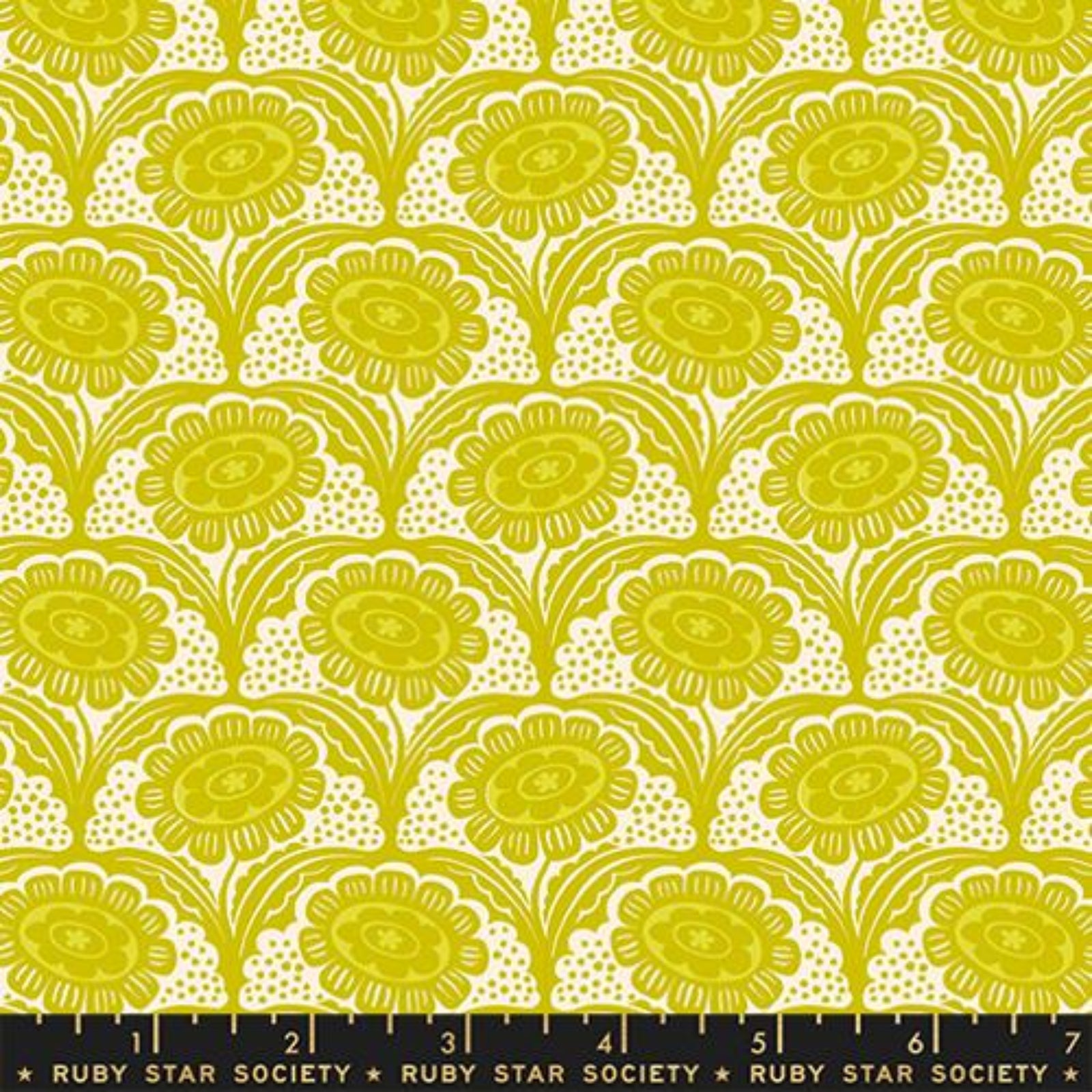 Fabric with yellow floral pattern on a white background, featuring Ruby Star Society label.
