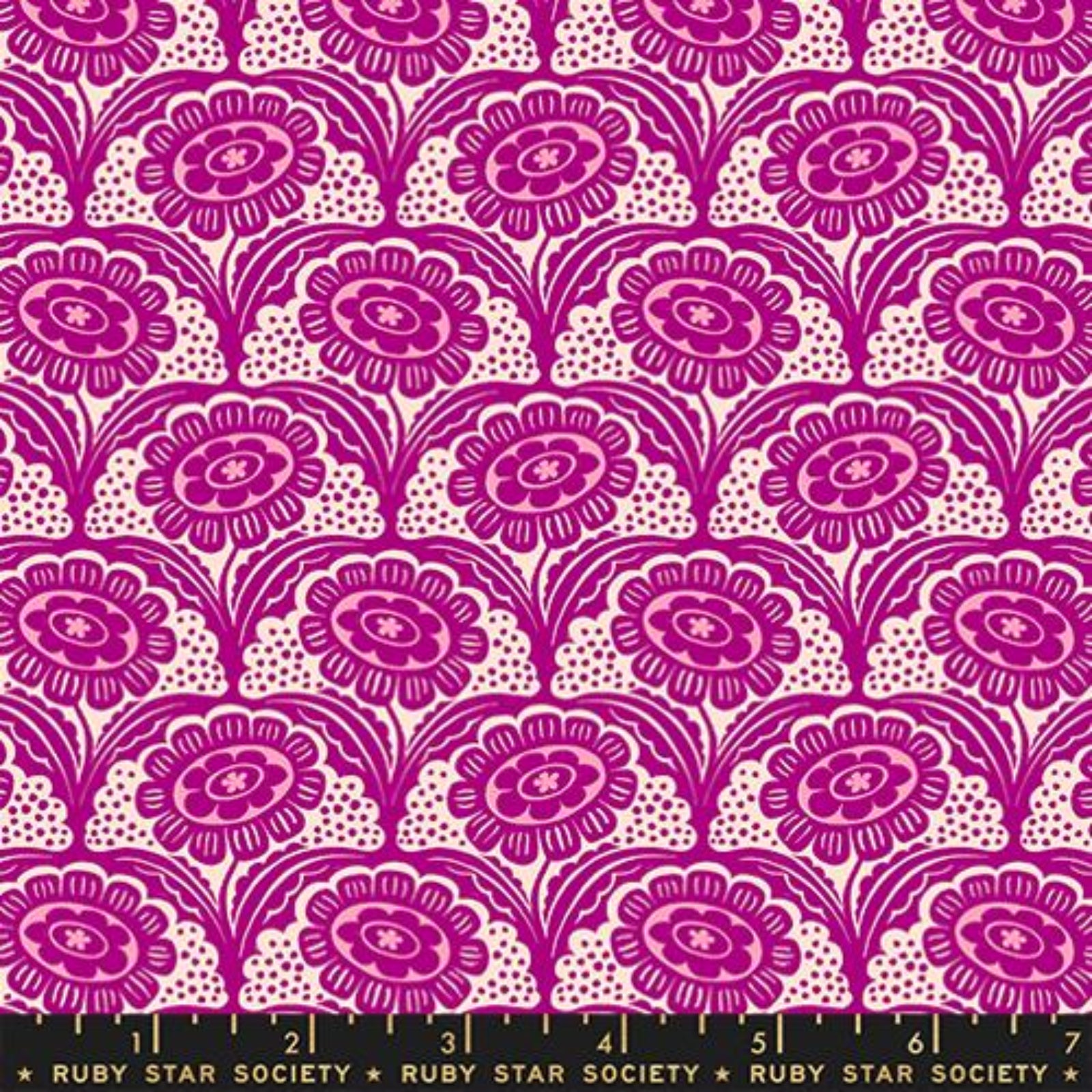 Patterned fabric with pink floral design on a white background, featuring a ruler at the bottom.