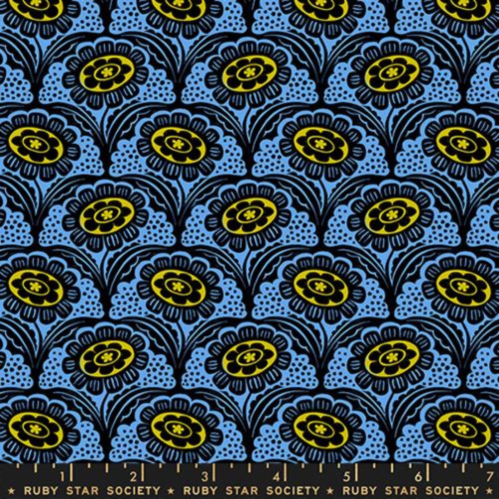 Patterned fabric with black and yellow flowers on a blue background, featuring Ruby Star Society label.