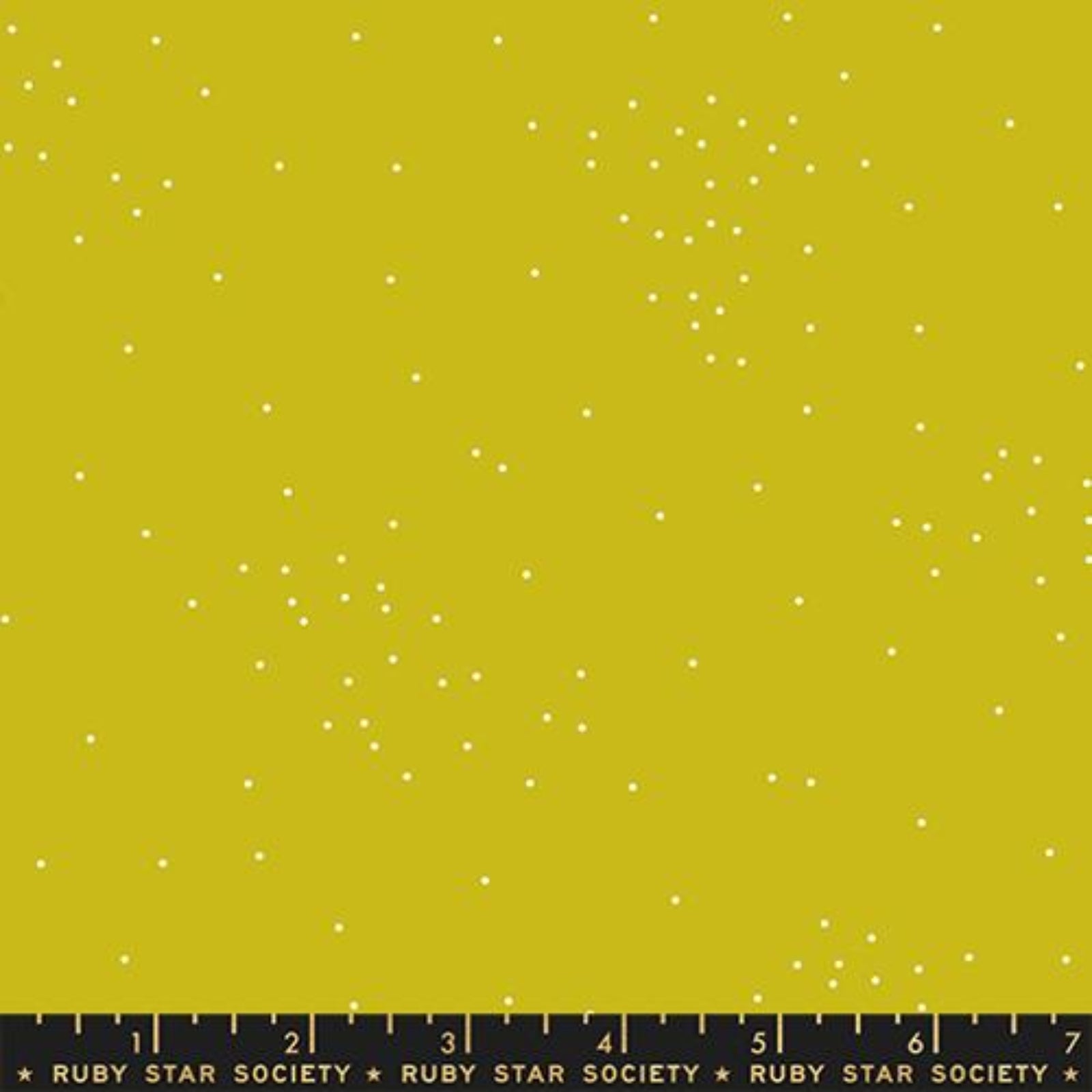 Fabric swatch with white polka dots on a yellow background, labeled Ruby Star Society.