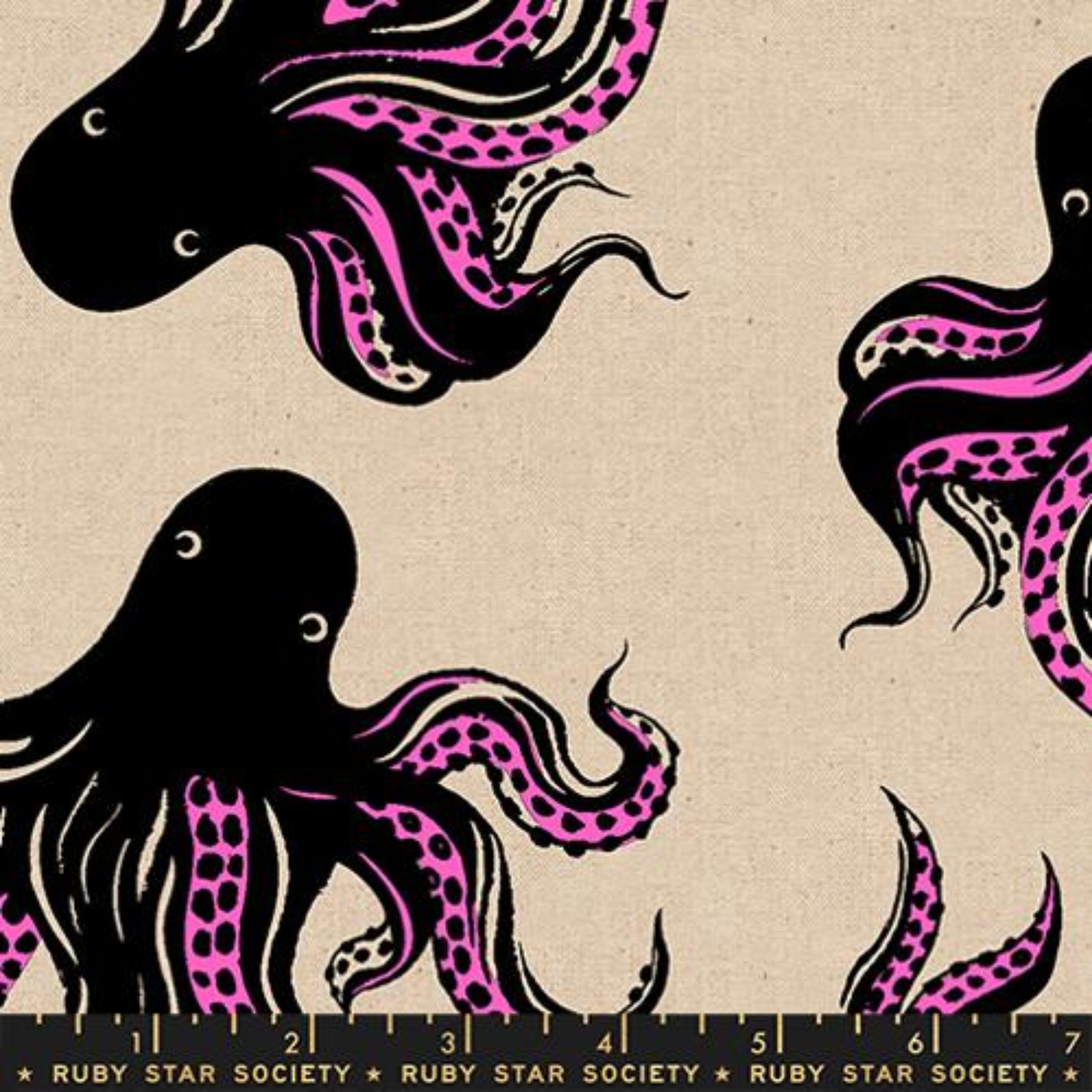 Pattern of black and pink octopuses on a beige background with Ruby Star Society label.