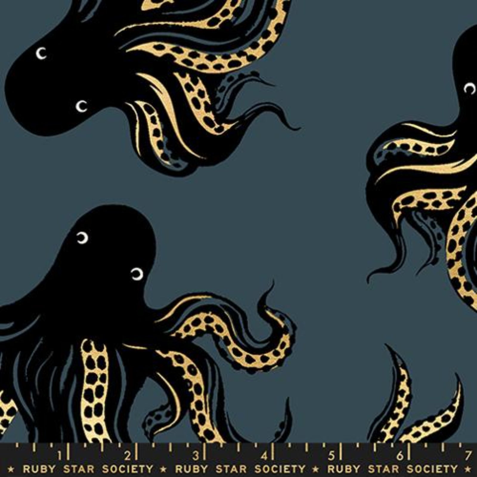 Pattern of black and gold octopuses on a dark blue background with Ruby Star Society label.