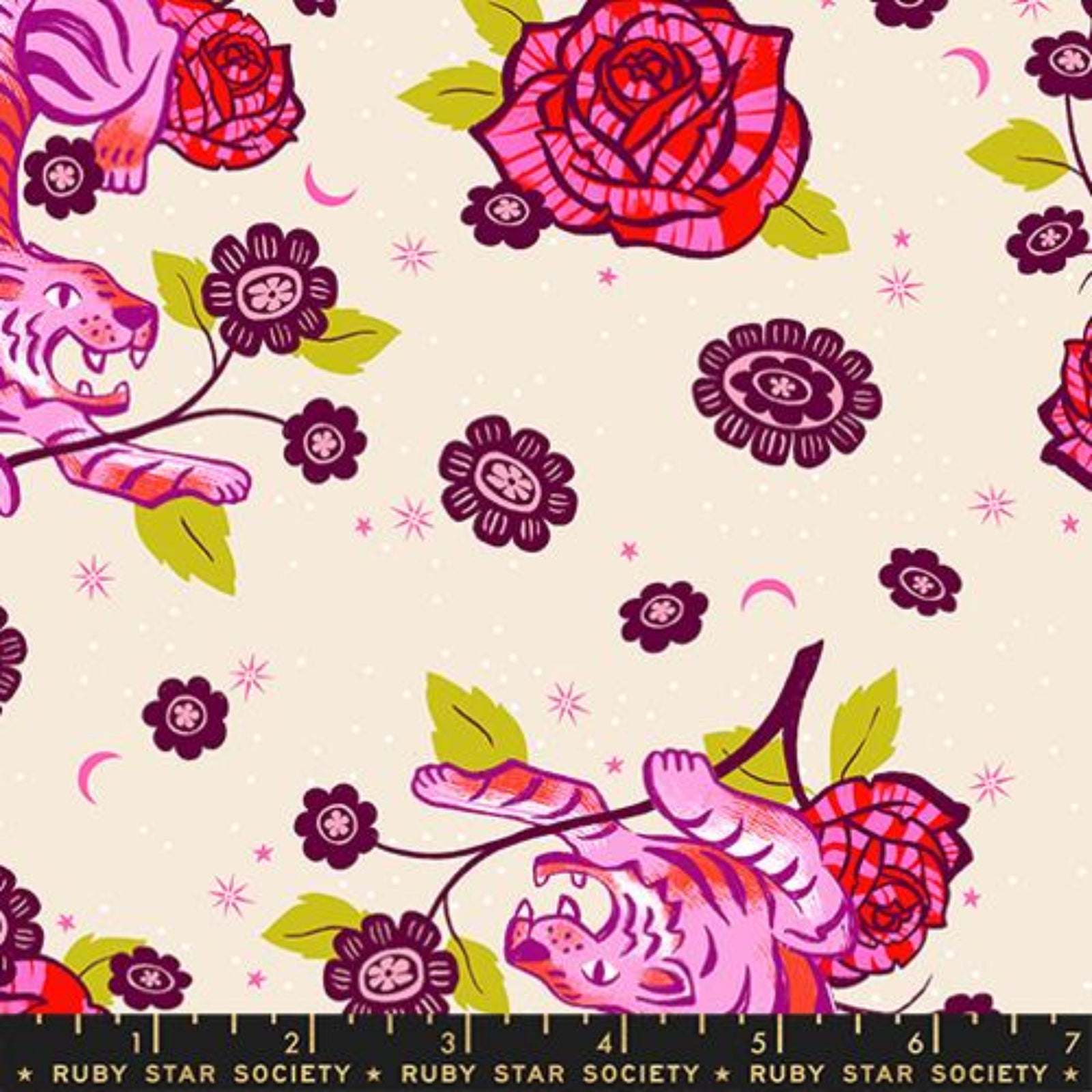 Fabric swatch with pink tigers and flowers on a beige background, featuring Ruby Star Society label.