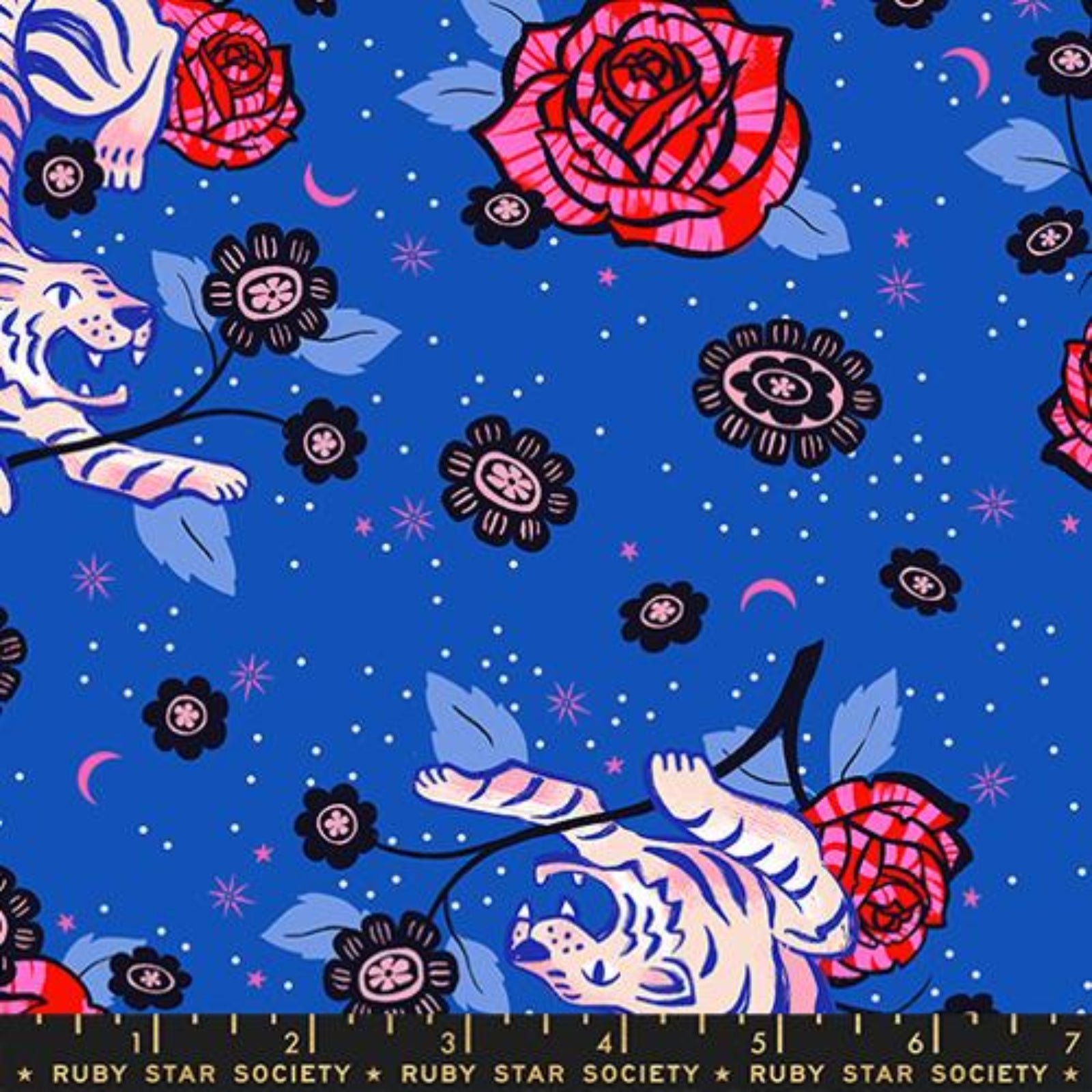 Fabric pattern with tigers, roses, and flowers on a blue background, featuring the Ruby Star Society label.