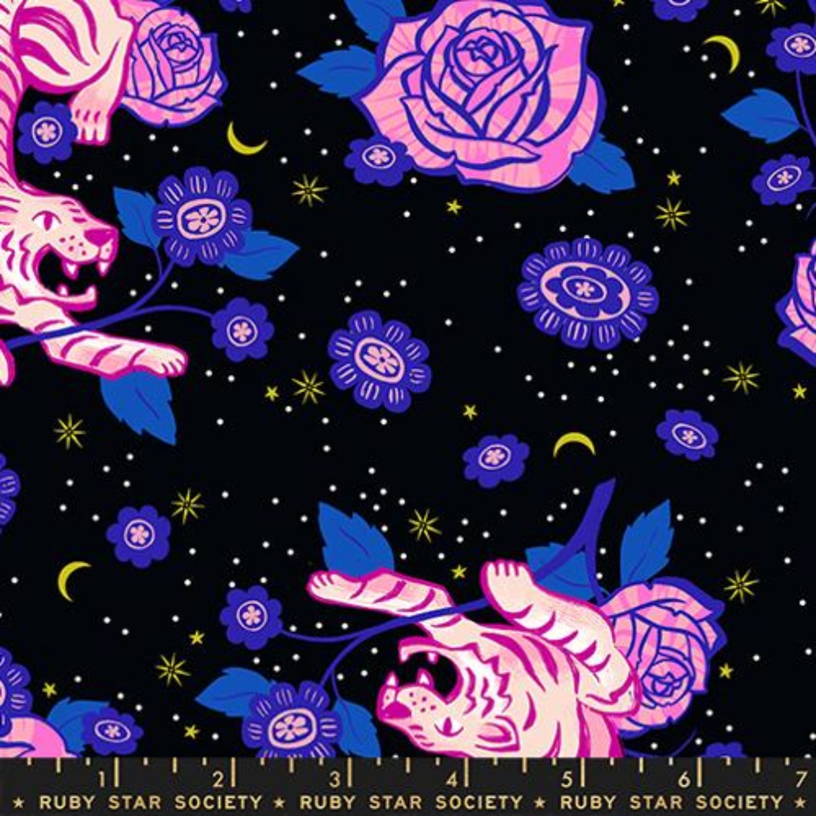 A repeating fabric pattern featuring pink and purple stylized roses, a tiger, crescent moons, stars, and small floral motifs on a black background, with a Ruby Star Society ruler along the bottom edge.