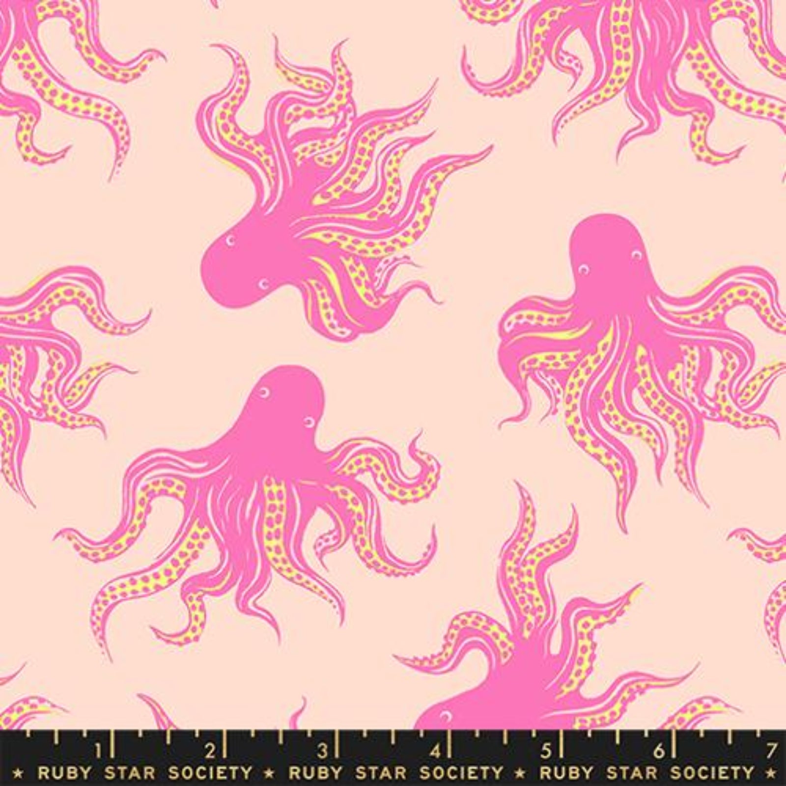 Pattern of pink octopuses with yellow accents on a light pink background, Ruby Star Society label at the bottom.