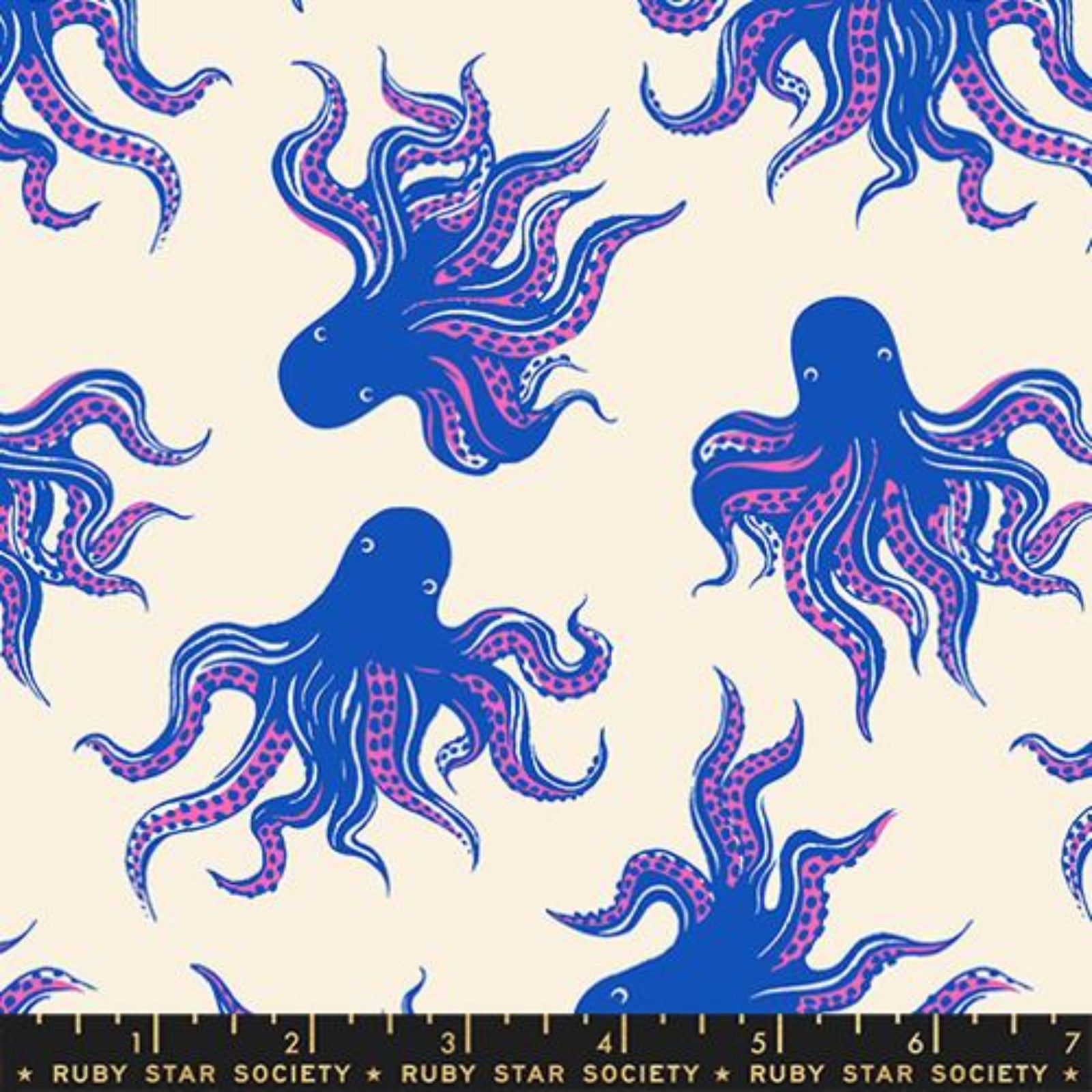 A repeating pattern of blue octopuses with pink dotted tentacles on a warm cream background, with a black ruler strip at the bottom labeled Ruby Star Society.