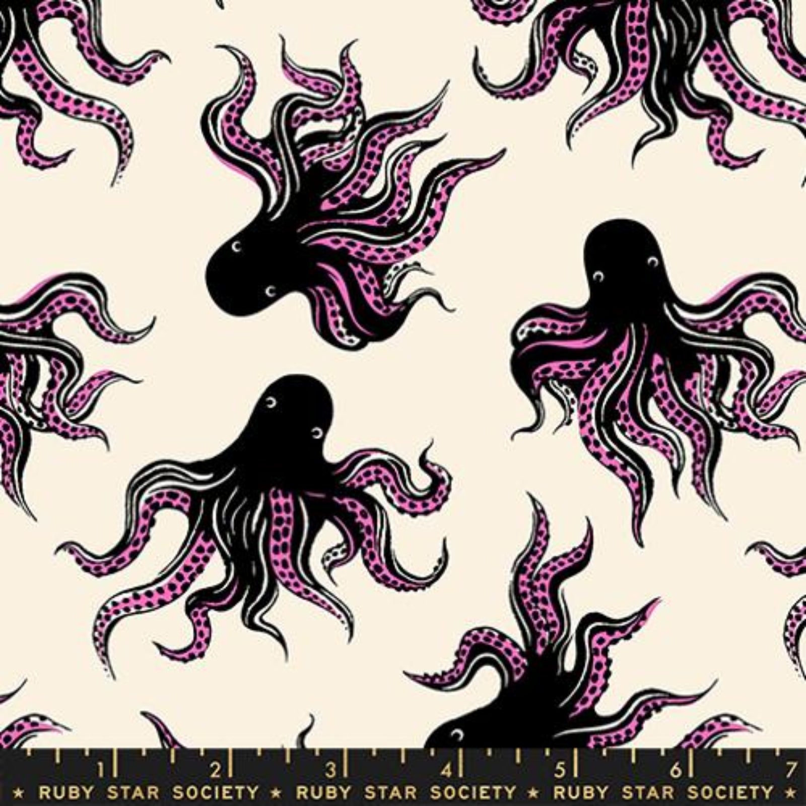 Pattern of black and pink octopuses on a beige background with a ruler at the bottom.