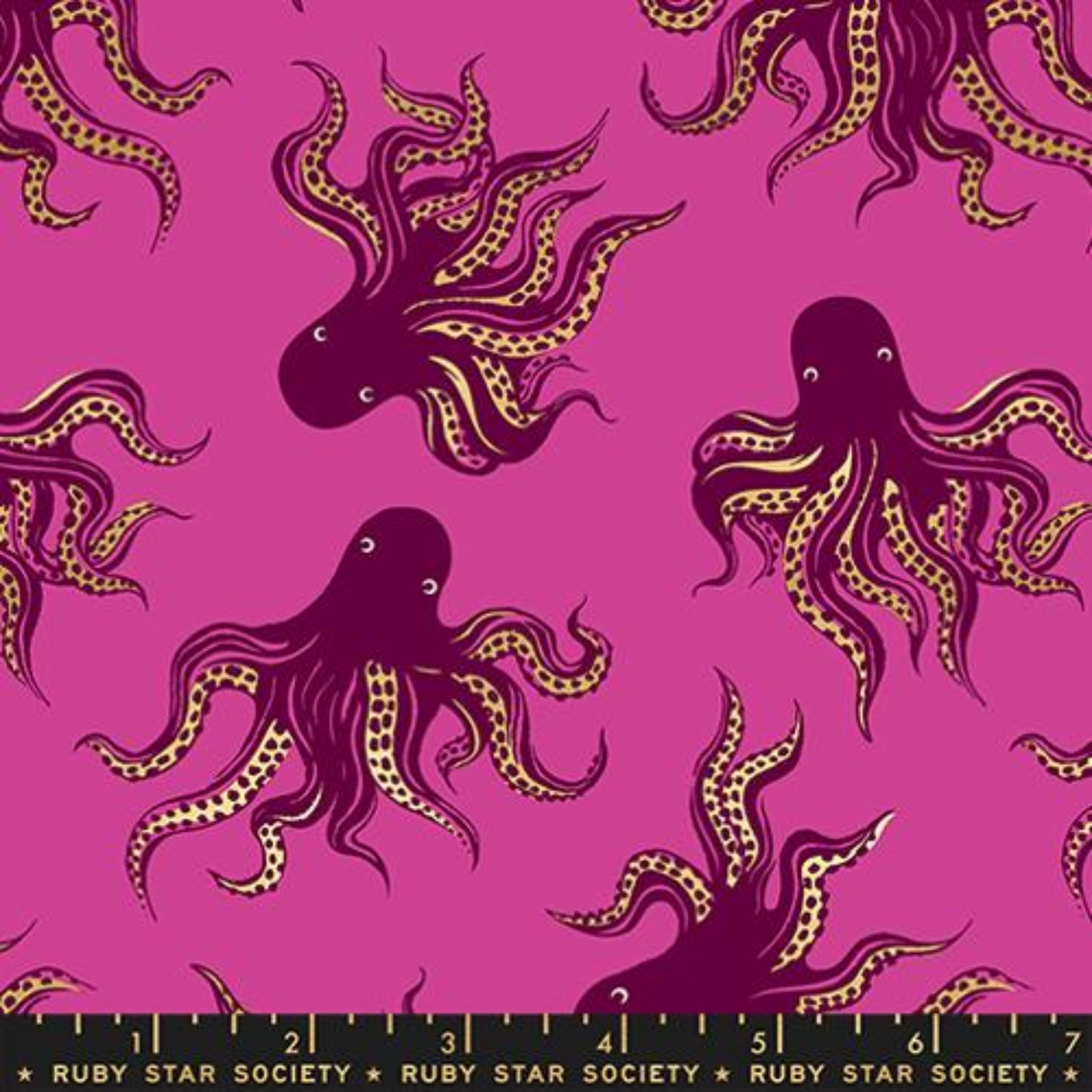 Pattern of purple octopuses with yellow tentacles on a pink background, with a ruler at the bottom indicating measurements.
