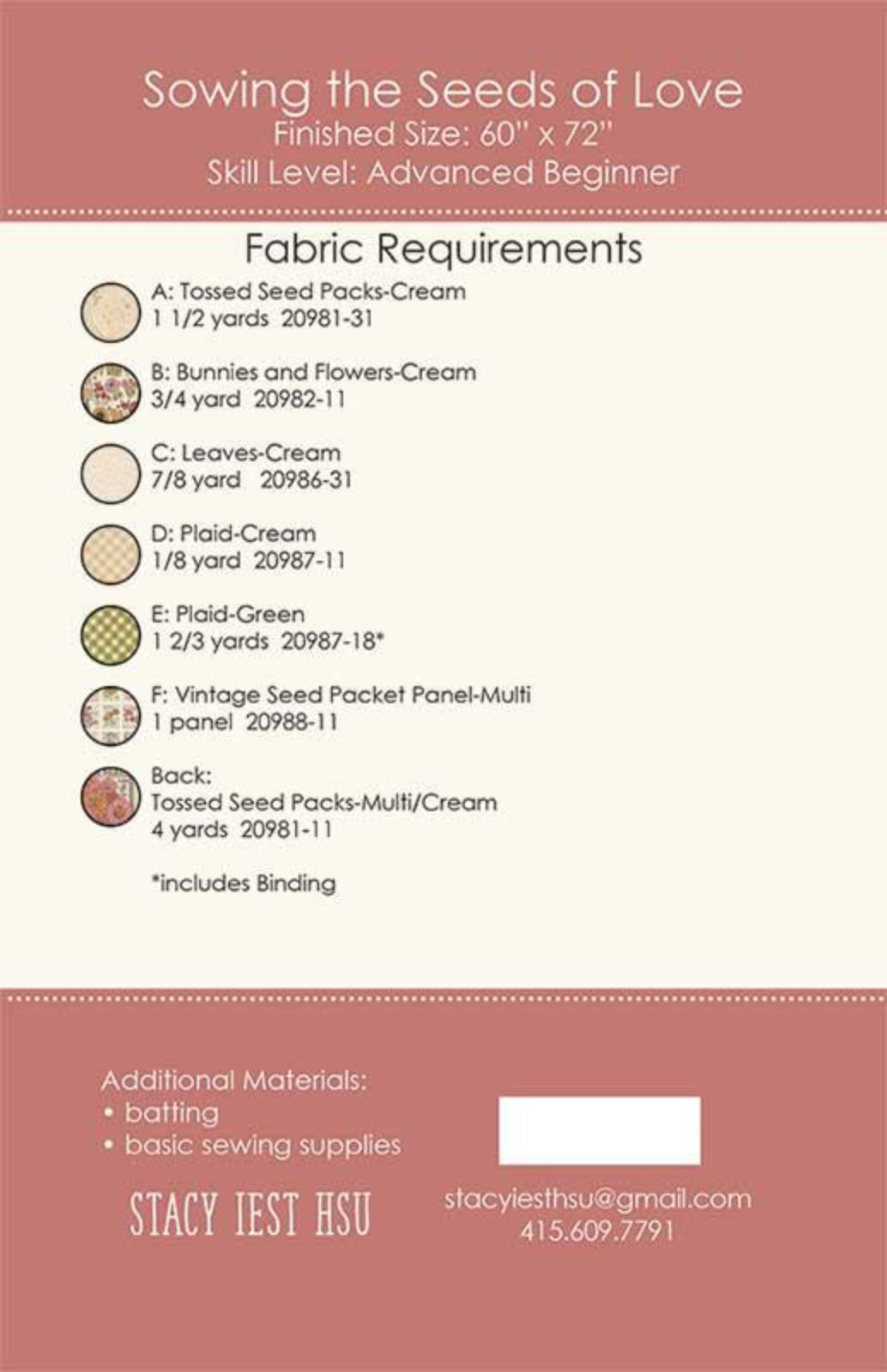 Fabric requirements list for a sewing project with fabric swatches and measurements on a pink background.
