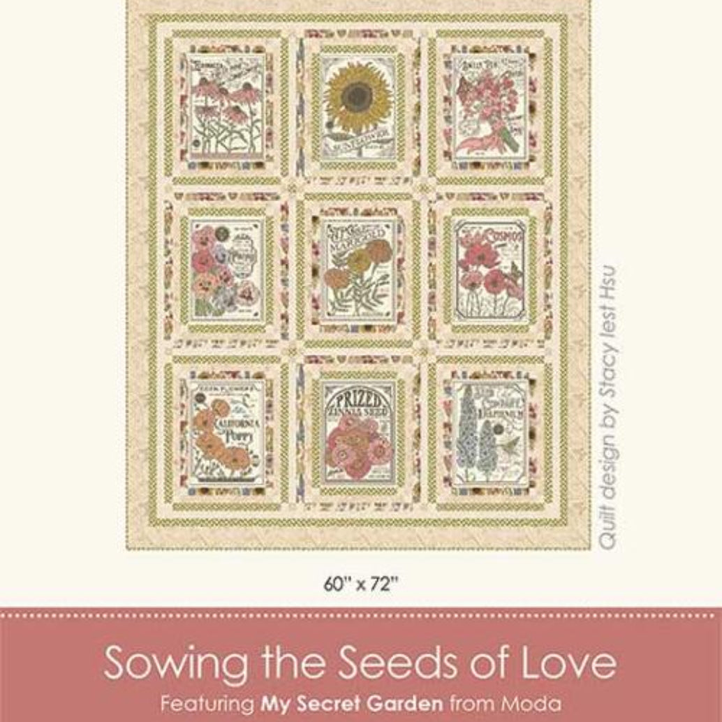 Quilt design packaging with floral patterns and text on a beige and pink background