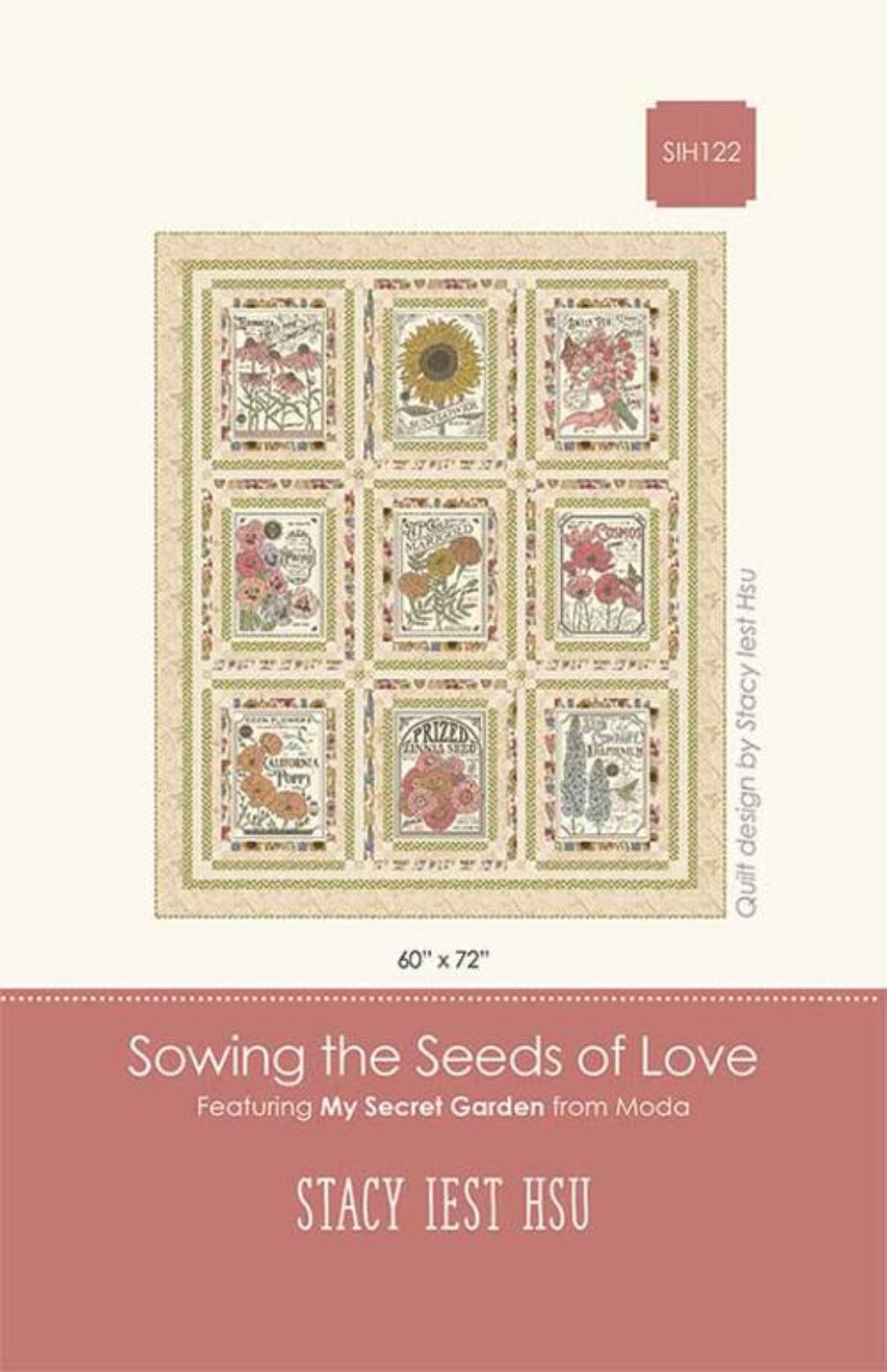 Quilt design packaging with floral patterns and text on a beige and pink background