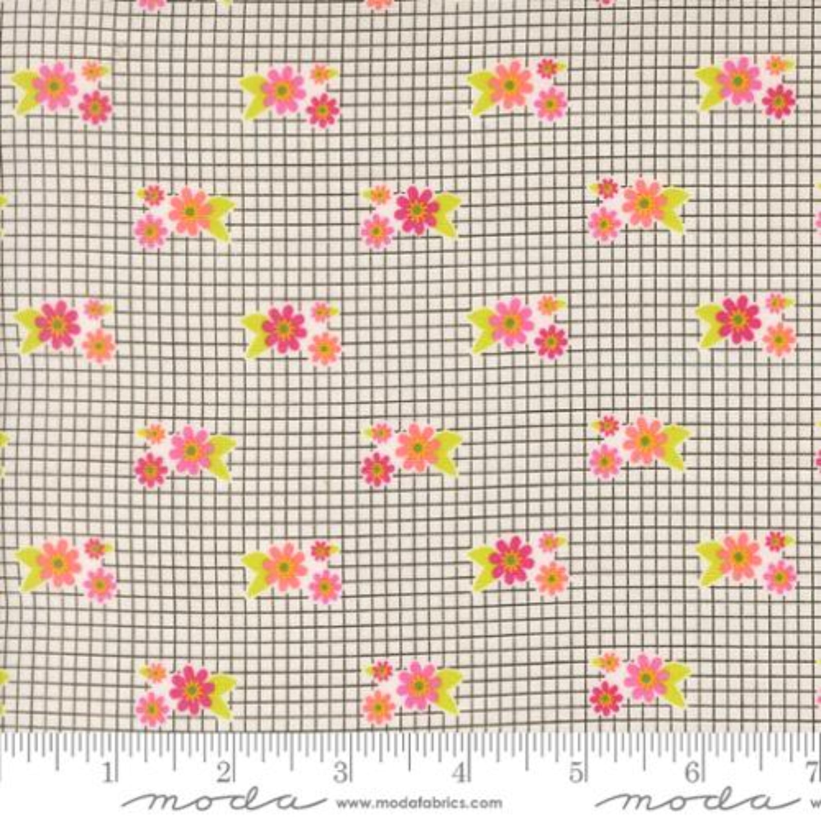 Floral pattern on a grid background with Moda label at the bottom.