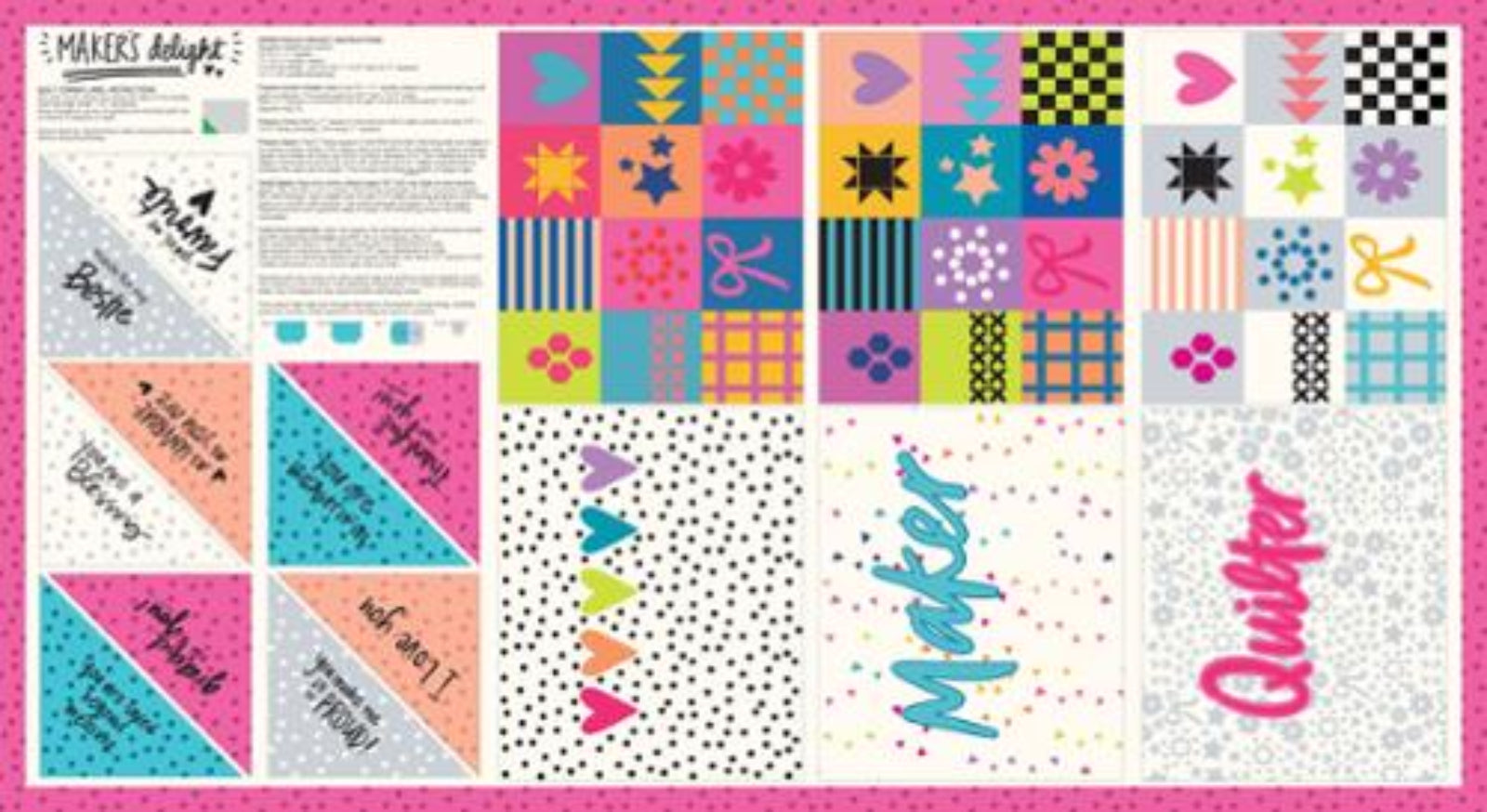 Colorful patchwork pattern with text and designs on a pink background