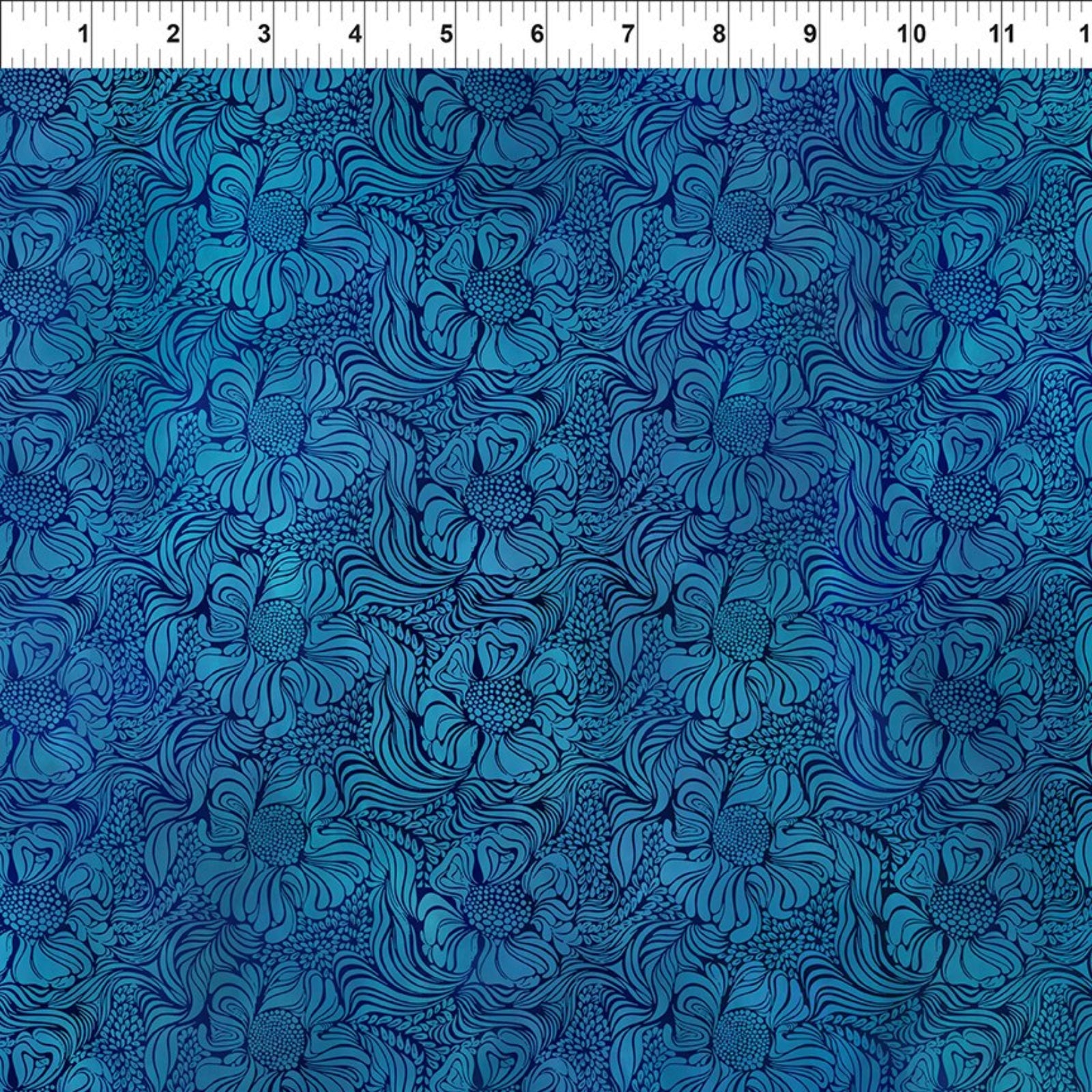 Blue floral patterned fabric with a measurement scale at the top