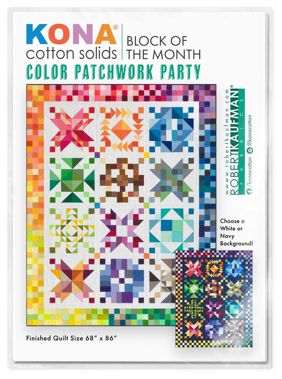 Kona Cotton Solids Block of the Month Color Patchwork Party quilt pattern with colorful design and branding.