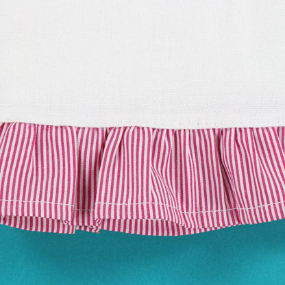 Red and white striped fabric with a ruffled edge on a teal background