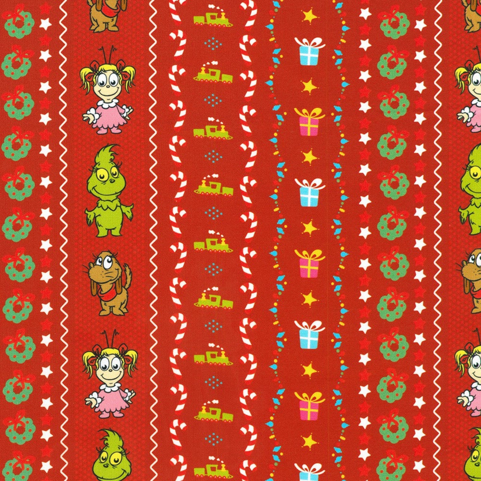 Red Christmas-themed pattern with cartoon characters, presents, and candy canes on a red background.
